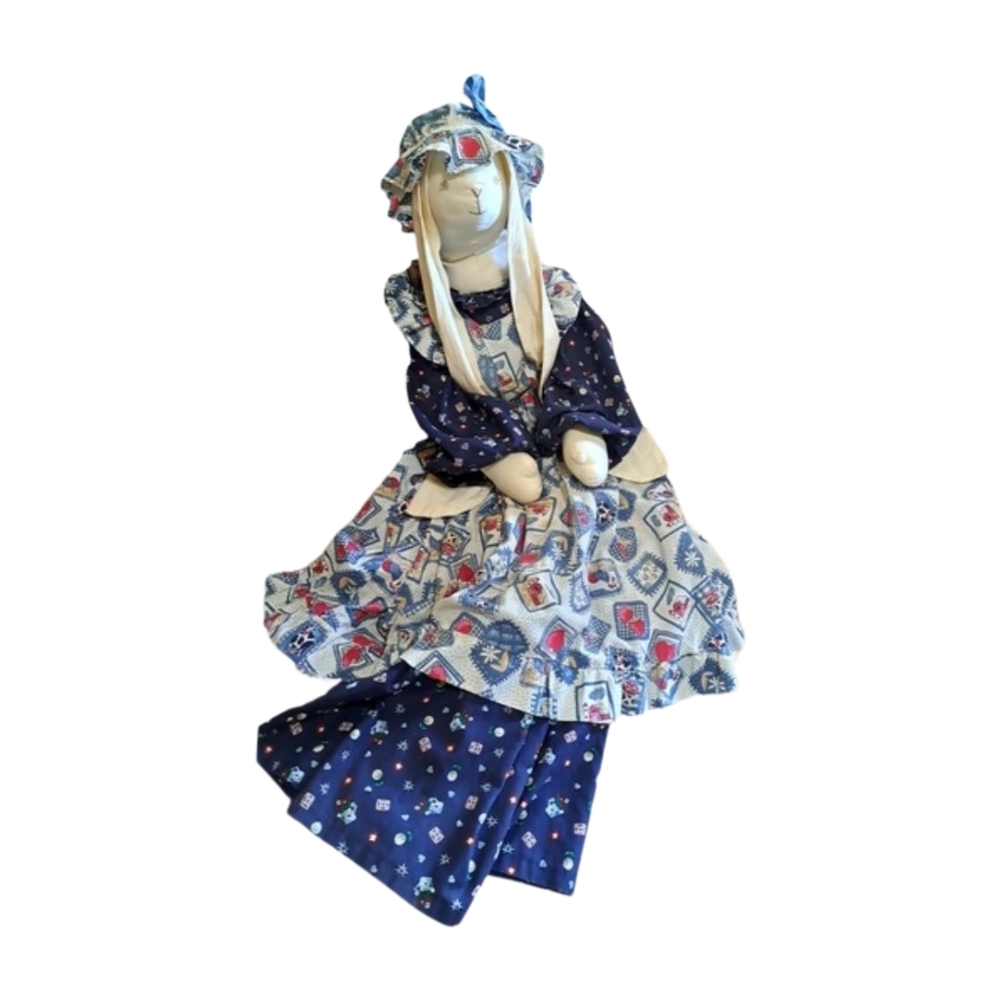 Rabbit Handmade Doll with Long Ears and a Patchwork Apron over a Navy Blue Dress - Picture 4 of 5
